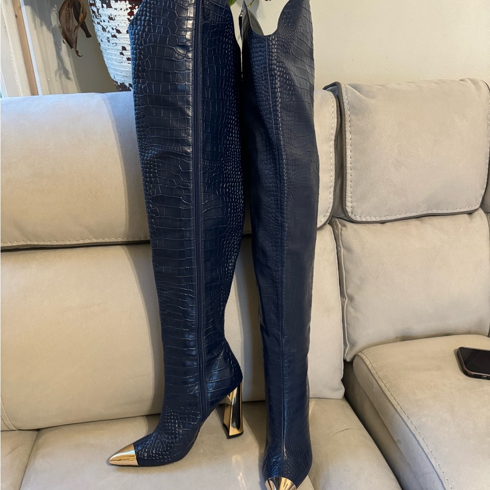 Jennifer Le Navy Over-the-Knee Boots with Gold Accents
